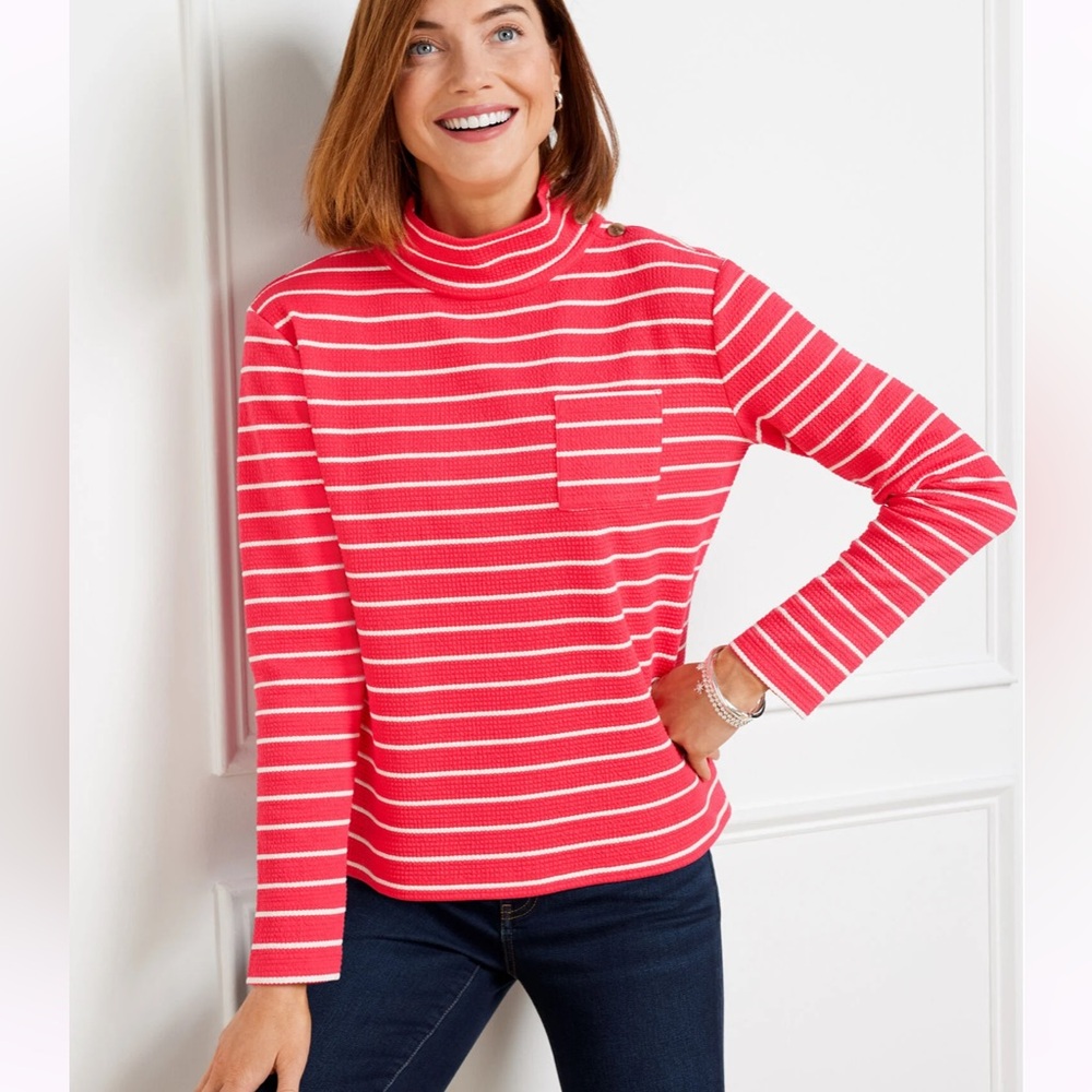 TALBOTS BUTTON MOCKNECK PULLOVER - MARIN STRIPE PINK/IVORY size PETITE NWT